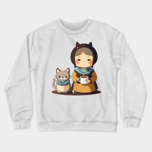 Chibi Cat Coffee Mom Crewneck Sweatshirt